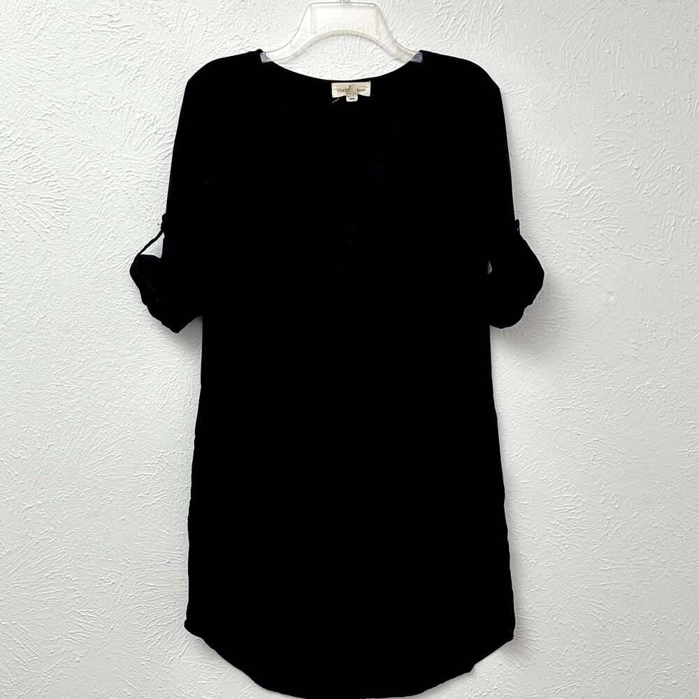 Cloth & Stone Black Tencel Shirt Dress Size Small Roll Tab Sleeves Pockets Mini - Picture 2 of 11